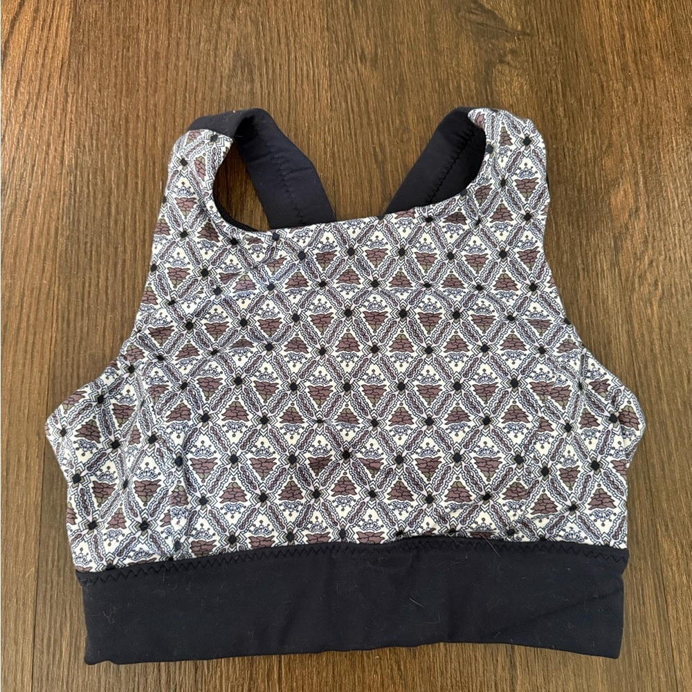 Athleta Purple Brown and White Patterned Crop Top Sports Bra High Neck